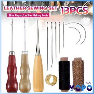YoPo 13pcs DIY Leather Sewing Kit Sewing needle/Wooden Handle Awl/Wax Thread/Sewing Awl