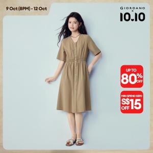 Giordano Beau Monde Women V-neck waist-cinching short sleeve dress Free Shipping 13466259