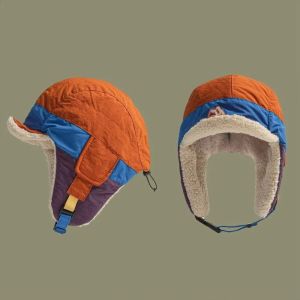 ALUN5 Autumn Winter Patchwork Bomber Hat Warm Thickened Skiing Pilot Hat Retro Ear Protection Fluffy Earmuffs For Women Men