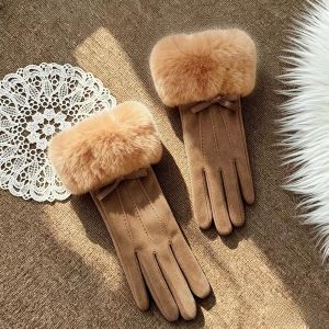 NOVAWEAR Suede Winter Women Gloves Warm Faux Fur Full Finger Mittens Touch-Screen Windproof Cold-proof Thicken Soft Comfortable Fashion Daily Use Outdoor Skiing Cycling Gift