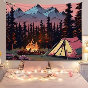 ผ้าแขวนสไตล์แคมป์ปิ้งวินเทจ ผ้าแขวนกลางแจ้ง ผ้าพื้นหลังย้อนยุคอเมริกัน ผ้าผนัง ตกแต่งบรรยากาศการเดินป่า