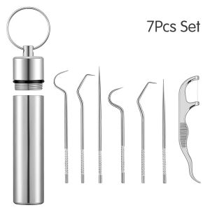 1 Set Stainless Steel Toothpick Floss Metal Portable Teeth Cleaner Reusable With Storage Oral Cleaning Tooth Flossing Tool