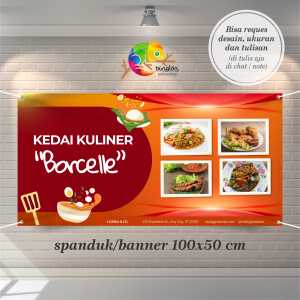 Cetak Spanduk Banner Merah Oranye Ilustrasi Kedai Makanan