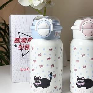 AU Kitten Thermos Cup 2026 New stylish high-end womens clothing ins Cute and portable straw cup for students 316 Stainless steel cup