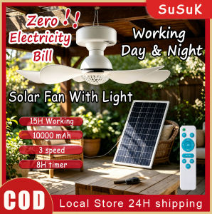 16 inch Solar Ceiling Fan Portable Electric Ceiling Fan complete set with Solar Panel and Led Light and Remote Control for Outdoor Indoor Camping