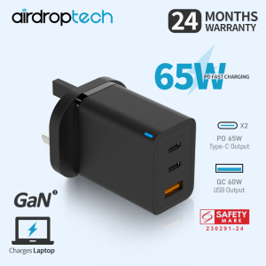 AIRDROPTECH 65W GaN PD Fast Charger Quick Charge 2 Type C 1 USB A Charger with QC Portable for iPad iPhone 15 14 13 12 Pro Max Plus Macbook Air Pro Samsung S23 S22 Ultra (Safety Mark 230291-24)