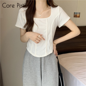 Core Square-neck Short-sleeved T-shirt Womens Spring Pure Color Slim Fit Irregular Top