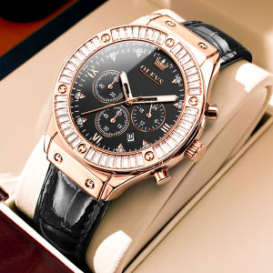 OLEVS 9978 Fashion Quartz Women Watch Gift Genuine Leather Watchband Round-dial Wristwatch Chronograph Calendar