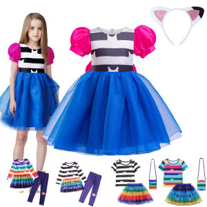 Girls Gabby Dress Up Costume Doll House Cartoon Role Playing 2 Pcs Sets Striped Tulle Frocks Children Game Play Theme Gown