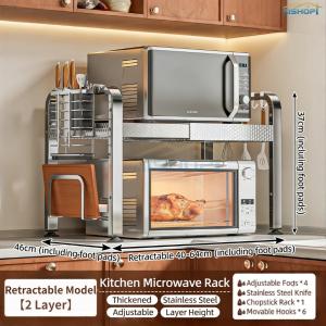[SG Seller]Stainless Steel Kitchen Rack Expandable Countertop Organizer with Hooks for Pots Pans Utensils