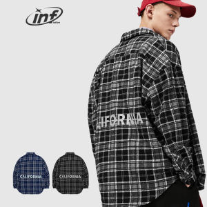 INFLATION Brand reflective plaid shirt jacket 2023 autumn new heavy high street brushed plaid shirt men