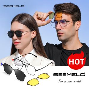 SEEMELO แว่นกันแดด 3 ใน 1 แว่นกันแดดโพลาไรซ์ชาย แว่นกันแดดแม่เหล็ก แว่นกลางคืน เฟรมแว่น เลนส์ 3 คู่ แว่นตาป้องกันรังสี UV ไม่แยกเพศ แว่นตาแฟชั่น