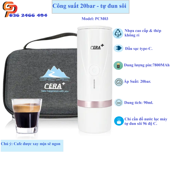 Máy pha cafe mini tự động CERA dùng pin 20 bar, tự đun sôi