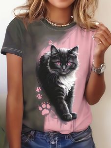Funny Cat Pattern Womens T-Shirts Cute Animal 3D Printed Short Sleeves Summer Oversized O-Neck Tops Tees Street Women Clothing