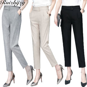 Ruizhijzg Pant Suit for Women Formal Office Work Wear Summer Thin Cotton Linen Fashion Long High Waist Loose Casual Ladies Elastic Waist Slacks Trousers with Pocket Plus Size Plain Color Plus Size