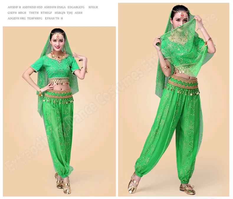 Women Dance Clothes Sari Belly Dance Costume Set Bollywood Indian Pants  Costume (include Top Belt Trousers And Veil)