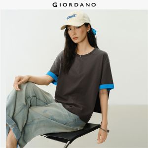 Giordano Women Buttoned crewneck contrast cuff tee Free Shipping 18326821