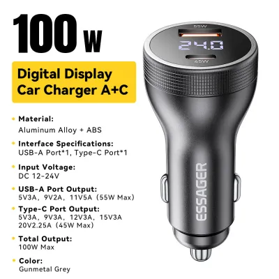 Essager 100W Car Charger Quick Charging PD3.0 Fast USB Type C Car Phone Charge For iPhone 16 Pro Max iPhone 17 Pro Max iPhone 15 Pro Max iPhone 14 13 12 Samsung S26 Ultra S25 Ultra HUAWEI Mate40 HUAWEI P60 Pro iPad Pro MacBook Air Laptops Tabet