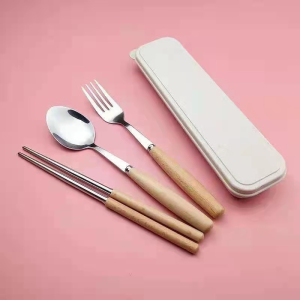 Stainless Steel Bamboo Spoon&Fork Chopsticks Set w/ Container