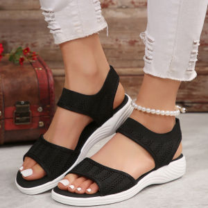 [Free Shipping] New Plus Size Solid Color Elastic Slip-On Peep-Toe Wedge Heel  Mesh Casual Sandals for Women