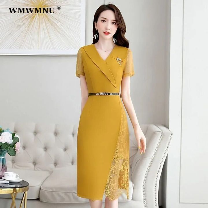 Patchwork Lace Korean Dress Women Elegant Belt Short Sleeve