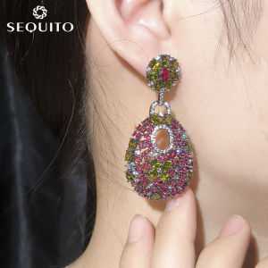SEQUITO New Arrival Colorful Boho Drop Jewelry Multi Cut Rose Red Green Color CZ Stone Large Oval Pendant Earrings for Banquet Party SE174