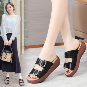 Womens Summer Wedge Sandals Open Toe Sandals Retro Anti-slip Leather Leisure Womens Platform Retro Shoes Thick Sole Outside Wear Rocker Shoes Slippers Women