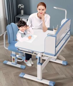 Children kids study table set with chair drawer and touch lamp book shelf adjustable