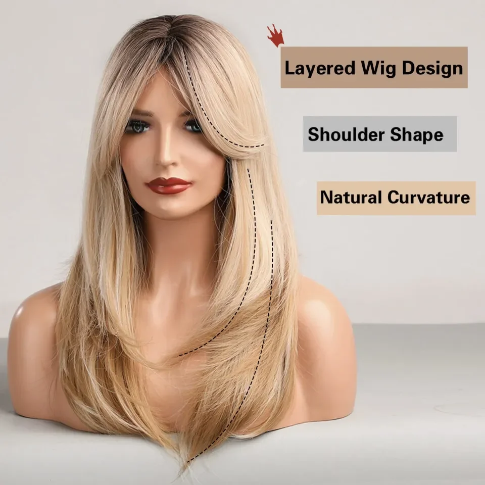 BASSA Blonde Wig With Bangs Long Blonde Wigs For Women Layered