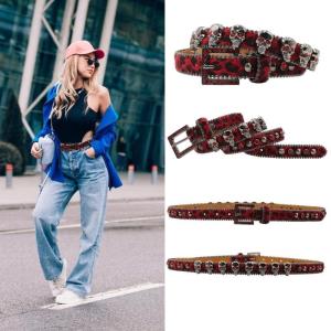 Punk PU Waist Belt Heavy Duty Rivets Hip Hop Skull Belt Waistband Glinting Buckle with Encrusted Rhinestones