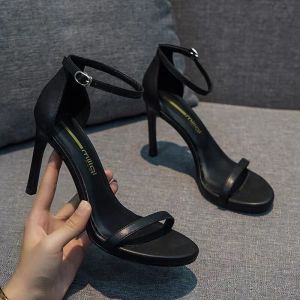 Free Shipping WomenS Sandals 2026 New Summer Collection Featuring A Unique Design Mid-Heel Black Stiletto Heel And A Single-Strap Buckle Detail