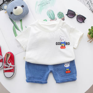 Quần Áo Trẻ Em Mùa Hè Thời Trang Trẻ Em Áo Thun Ngắn Tay In Hình Gấu Nhỏ Bảng Chữ Cái Bộ Quần Short Denim 2 Món