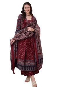 Ready Stock | Elegant 3pc Rayon Anarkali Set for Women | Printed Kurti Pants Dupatta | 3/4 Sleeve V Neck | Sizes S–2XL Ethnic Wear - Pre Order 23days - Fusioncloset