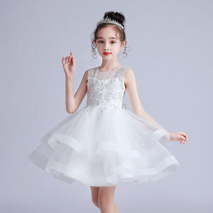 Pink White Elegant Kids Dresses for Girl Tutu Fluffy Princess Pearls Wedding Gown Children Birthday Party Dress Toddler Baby Girl Clothes for 3 4 5 6 7 8 9 10 11 12 years old