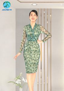 Đầm Lưới Ôm Body Dài Tay Cổ V Chít Eo Họa Tiết Màu Xanh Lá Cành Chất Vải Ren Lưới Cao Cấp Mềm Mịn Co Giãn Thoáng Mát