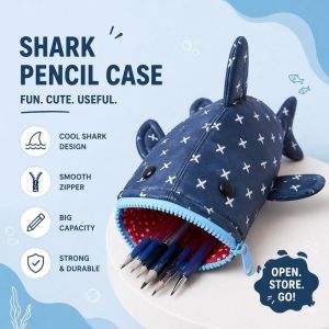 Pencil Case Canvas Zipper Pen Pouch Large Capacity Cute Shark Cartoon School Supplies Organizer