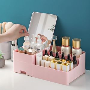 TALENTIN Cosmetic Storage Box With Mirror & Drawer Desktop Table Organizer Lipstick Storage Rack PP Desk Organizer Kotak Simpan Barang Kotak Simpanan