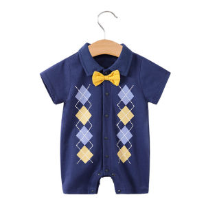 New Style Baby Clothes 100% Cotton Short Sleeve Rhombus Plaid Bodysuit Bow Tie Jumpsuit Romper For 0-18months Baby Boys