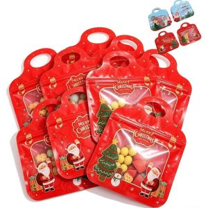 MODERNLUX 10PCS with Handle Christmas Snack Bags Resealable Transparent Window Self-Seal Treat Bags  Christmas Tree Print Gift Bags Christmas Party Supplies