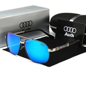 Audi Brand Metal Frame Men‘s Polarized Sunglasses With Blue Reflective Lenses UV Protection Includes Carrying Case And Cleaning Cloth