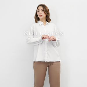 NIMI - Kemeja Putih Wanita Lengan Panjang Kemeja Basic Bahan Moscrape Premium Putih Polos Formal Wanita