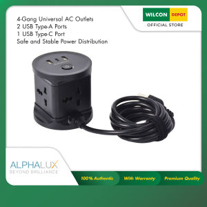 ALPHALUX Universal Outlet Cube 4 Gang with 2 USB-A and 1 USB-C 10A 250V UNF-E04BLK