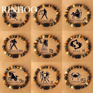 RINHOO 12 Zodiac Signs Constellation Bracelet for Women Men Fashion Natural Stone Handmade Elastic Bracelet Healing Jewelry Gifts