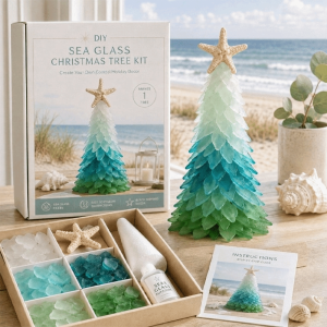 MQU19 Handmade DIY Christmas Tree Craft Kit Romantic Multi-Color Sea Glass Tree Mini Tree Ornaments with Starfish 3D Christmas Tree Art Kit Christmas