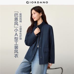 Giordano Beau Monde Women 100% cotton stand collar mid length cargo jacket Free Shipping 13376786