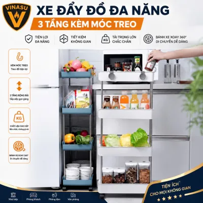 Kệ xe đẩy đựng đồ đa năng 3 tầng 4 tầng kèm móc treo Vinasu cao cấp có bánh xe di chuyển đựng đồ ăn vặt kệ spa kệ bỉm sữa