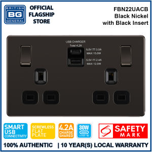 British General 13A Screwless Flat Plate Switched Double Socket with USB C Charger 4.2A Black Nickel 10-Year Warranty