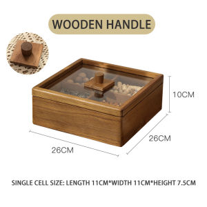 Teak 4-grid transparent cover storage box Dried fruit candy box Household sorting storage box Coffee table tabletop organization Tea bag storage box
