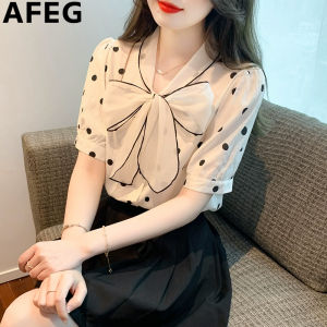 AFEG new Korean version V-neck bow fashion loose all match temperament polka dot chiffon bubble sleeve blouse