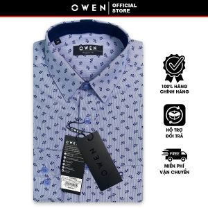 OWEN SALE - Áo Sơ Mi Owen Tay Dài Màu Xanh Navy Họa Tiết Hoa Văn Form Regular Fit Lai Bầu Chính Hãng
